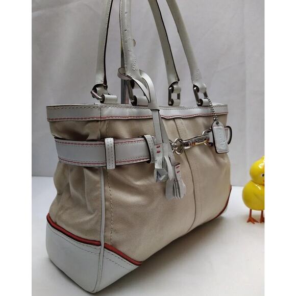 Coach Hampton Beige Canvas White Leather Trim Zipper Closure Tassel Satchel Bag - Picture 3 of 14